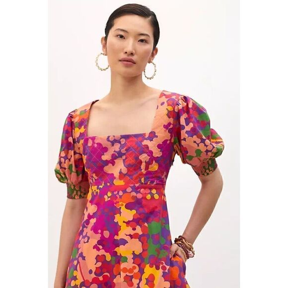Anthropologie Roopa Pemmaraju Floral Midi Dress Abstract Colorful XS NWT - Picture 2 of 7